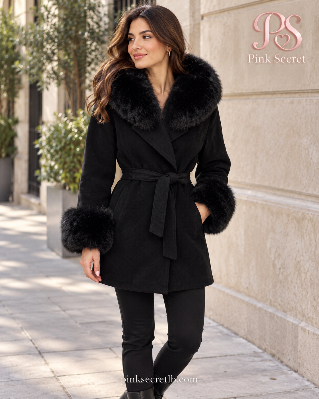 Belted Fur Trim Coat