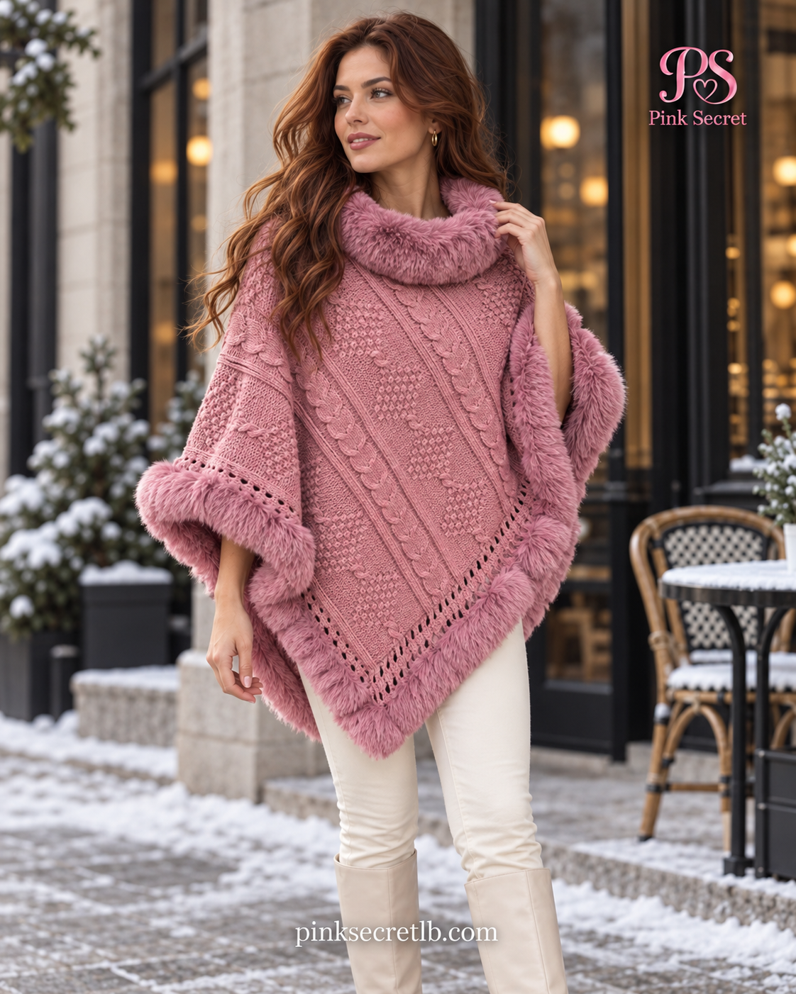 Fur-Trim Knit Cape