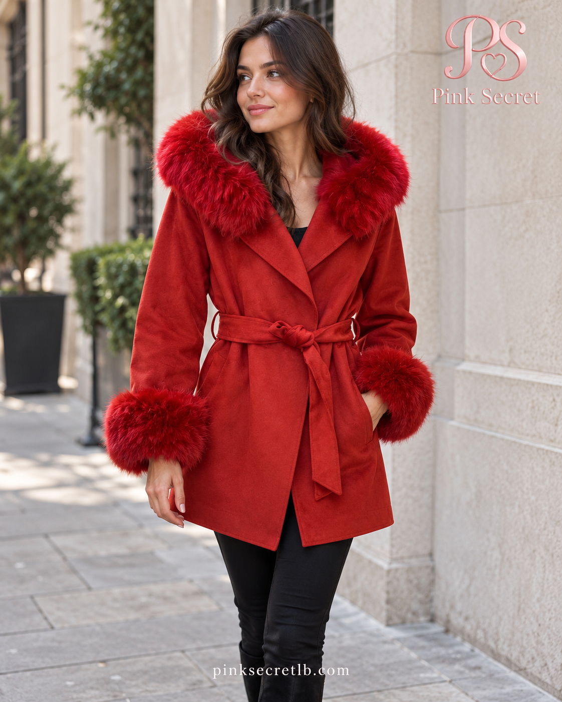 Belted Fur Trim Coat