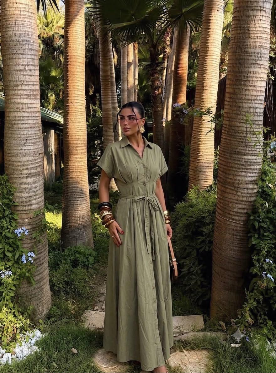 Belted Button-Down Midi Dress