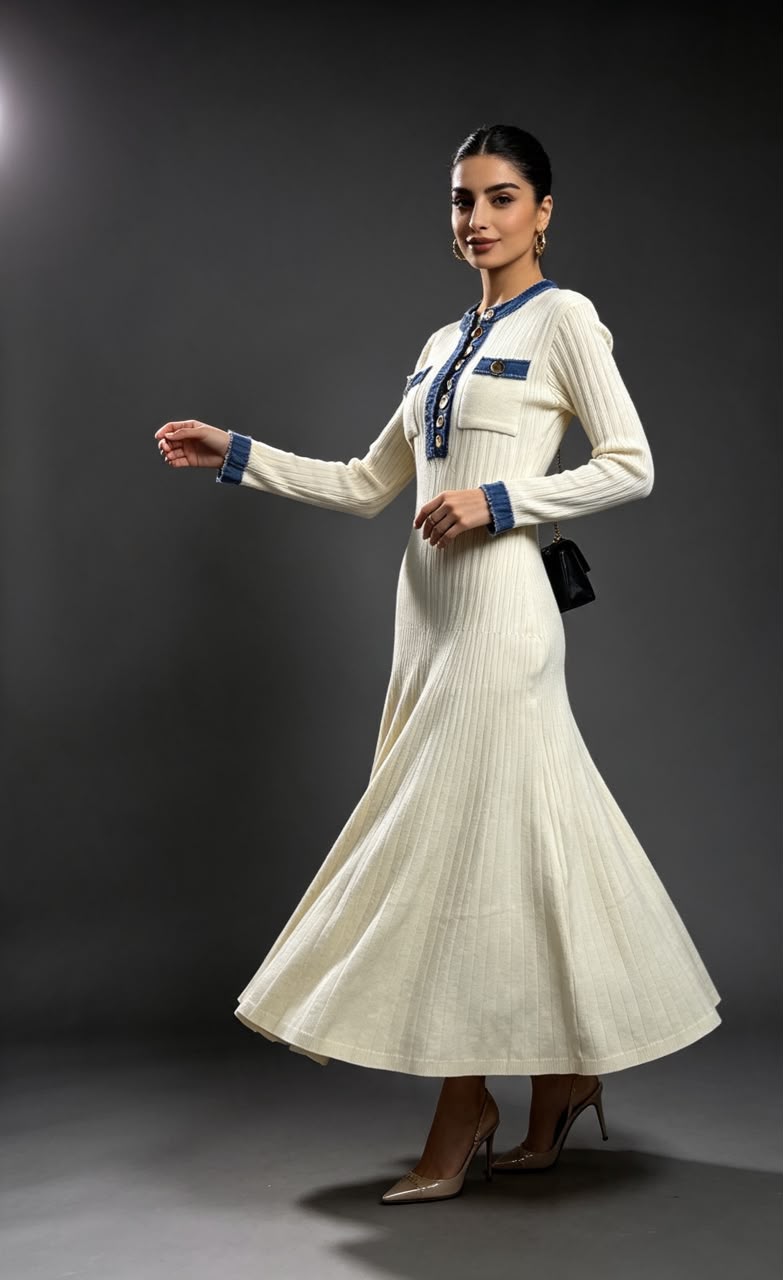 Denim-Trim Ribbed Maxi Dress