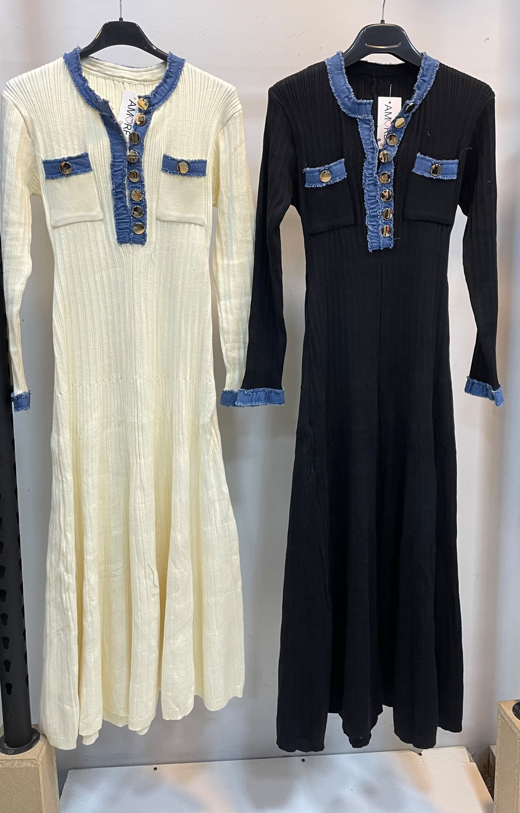 Denim-Trim Ribbed Maxi Dress