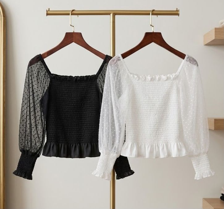 Sheer Sleeve Smocked Top