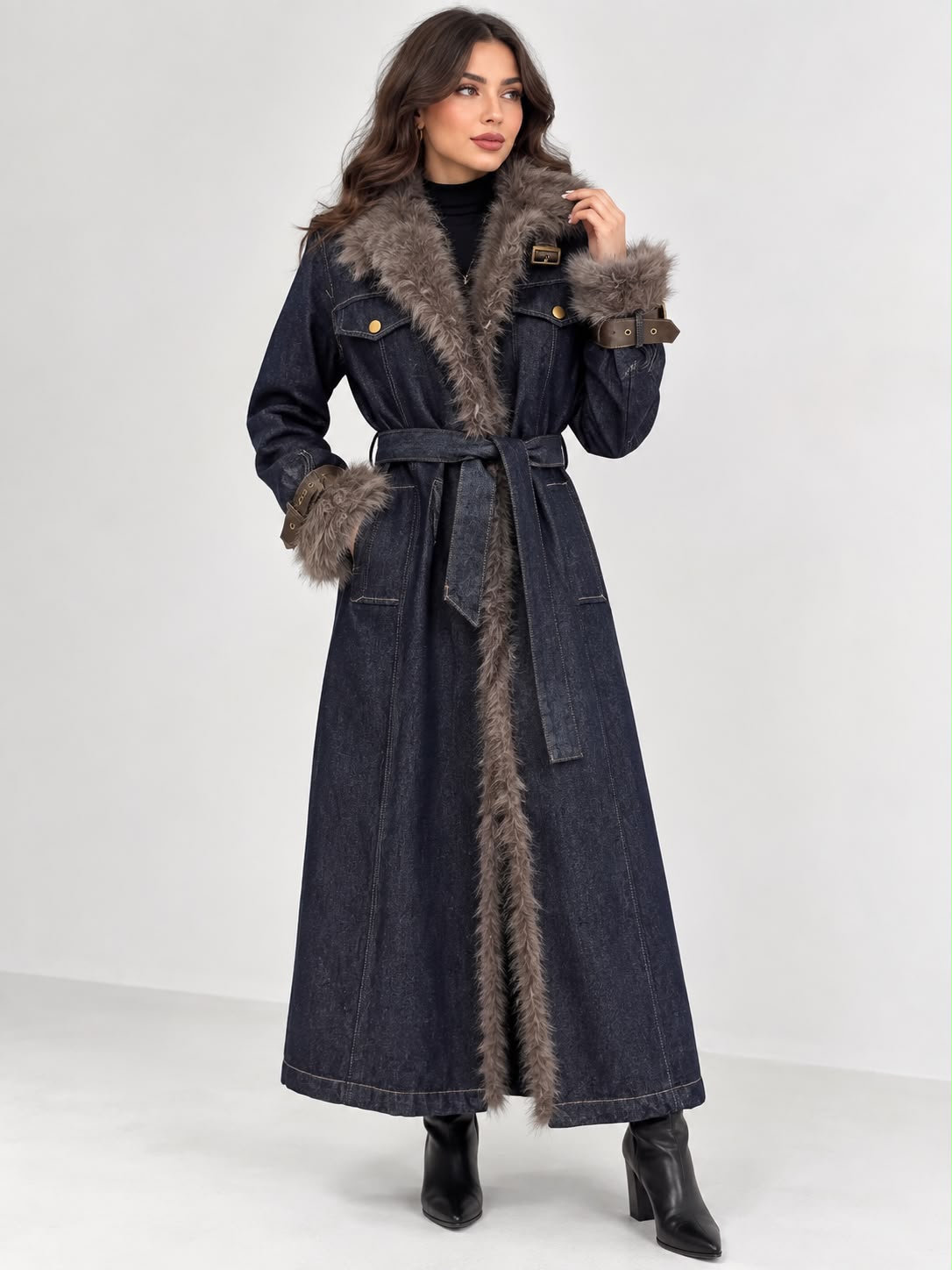 Fur Trim Denim Coat