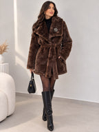 Belted Fur Coat with Brooch