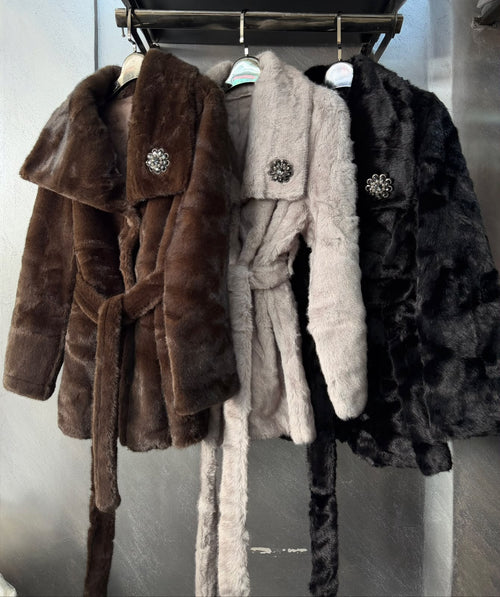 Belted Fur Coat with Brooch