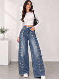 Button Detail Wide Leg Jeans