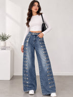 Button Detail Wide Leg Jeans