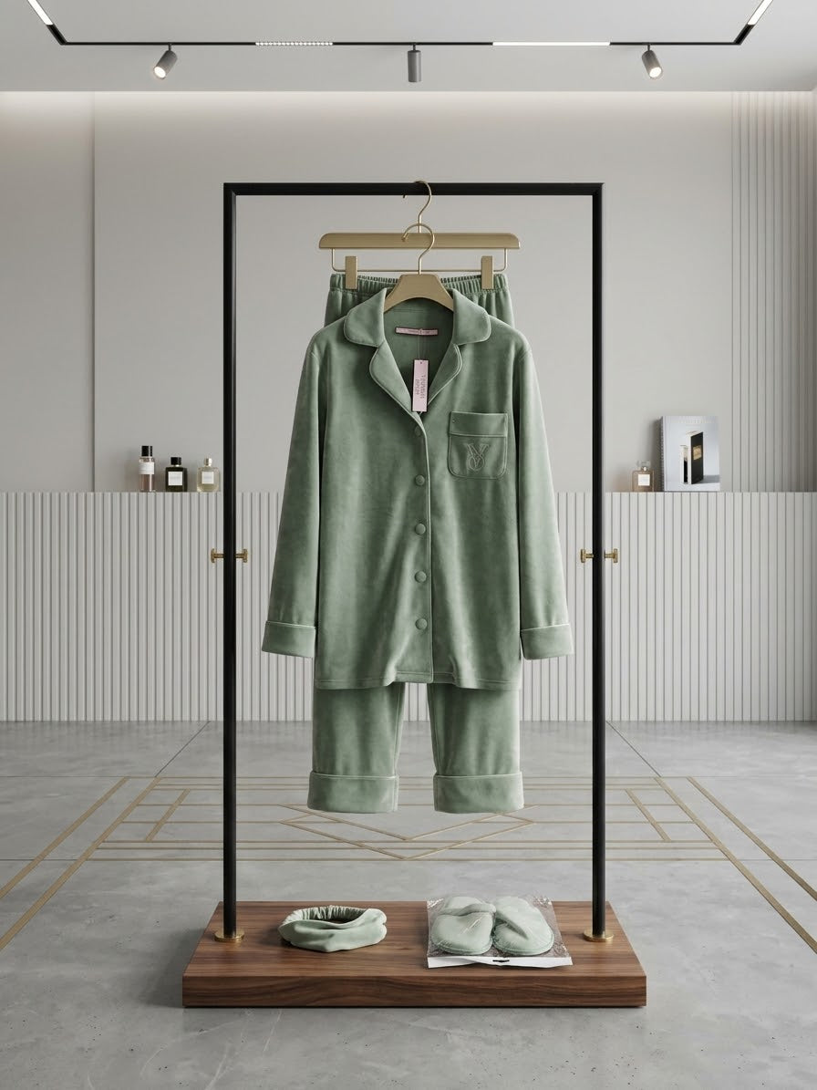 Velvet Pajama Set with Slippers & Eye Mask
