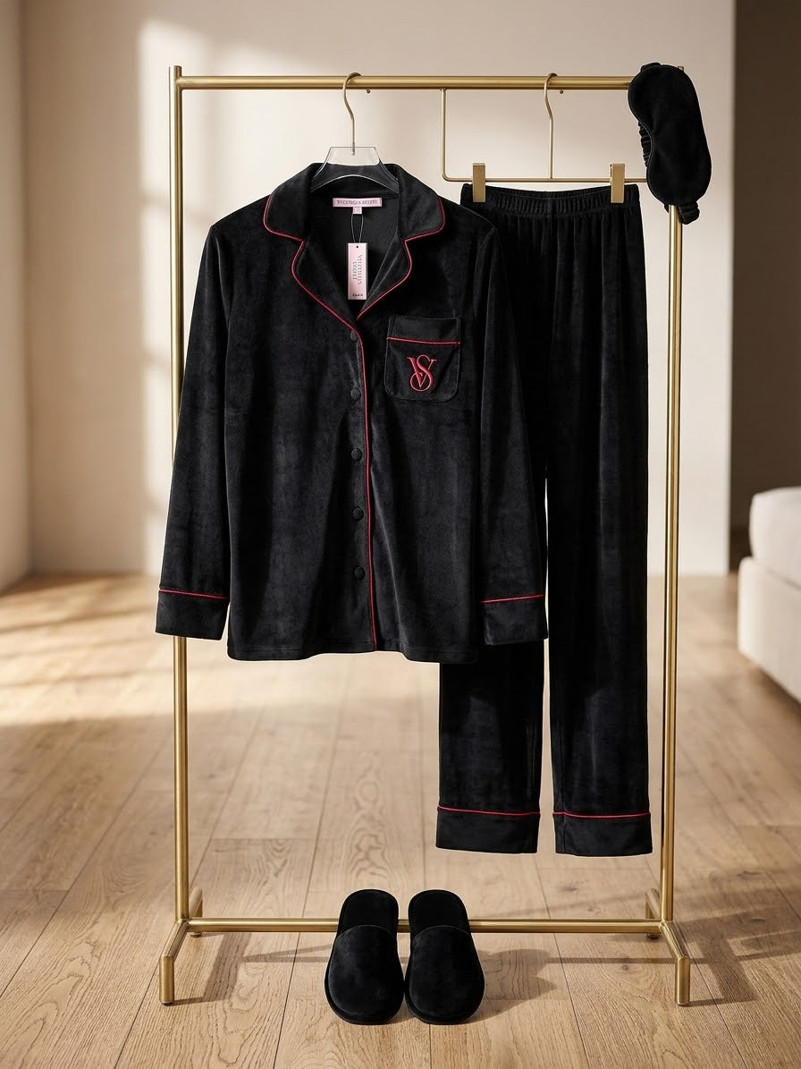 Velvet Pajama Set with Slippers & Eye Mask