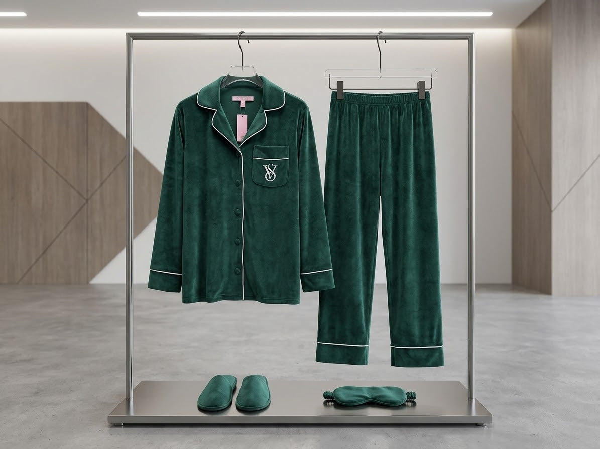 Velvet Pajama Set with Slippers & Eye Mask