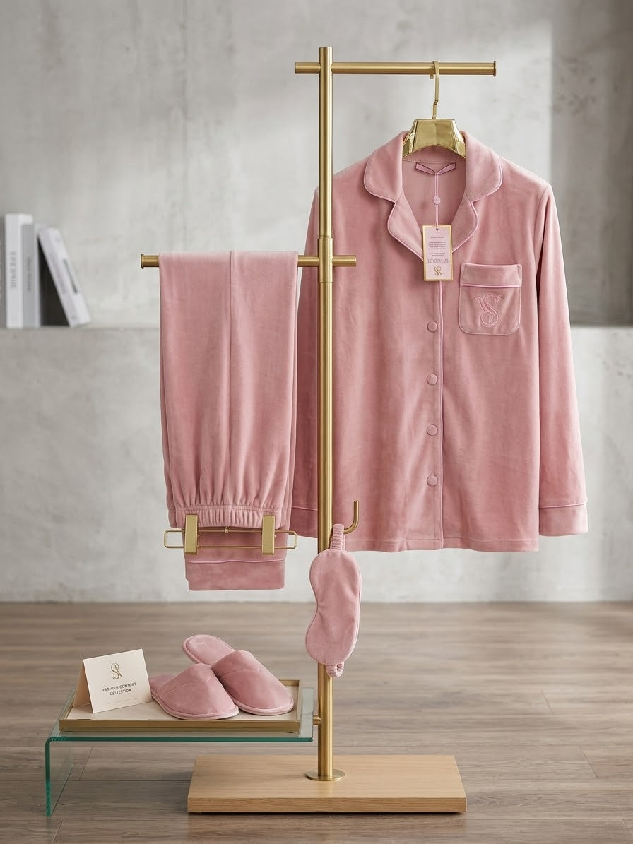 Velvet Pajama Set with Slippers & Eye Mask